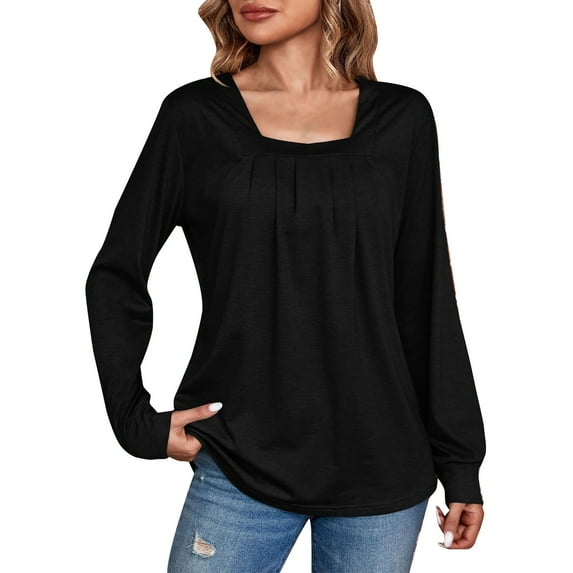 Womens Tops Long Sleeve Square Neck Pleated Puffy Sleeve Top Loose Casual Solid Color T Shirt Blouses For Women