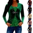 thumbnail image 1 of Womens Tops Long Sleeve T Shirts Sparkling Sequin Panel Solid Color Two Piece Layered Casual Top Casual Blouses, 1 of 5