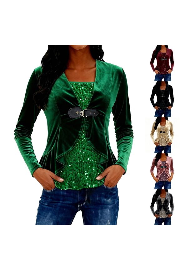Womens Tops Long Sleeve T Shirts Sparkling Sequin Panel Solid Color Two Piece Layered Casual Top Casual Blouses