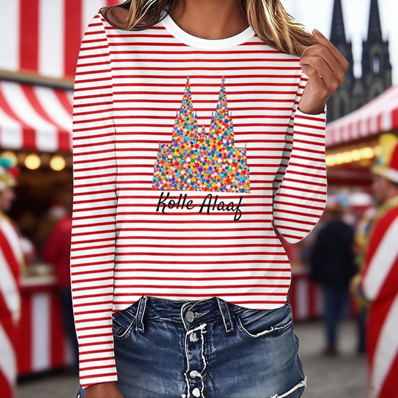 Womens Tops Long Sleeve T Shirts Striped Carnival T Shirt Colorful Festival Graphic Tee Casual Top For Party Celebration Fashion Clothes
