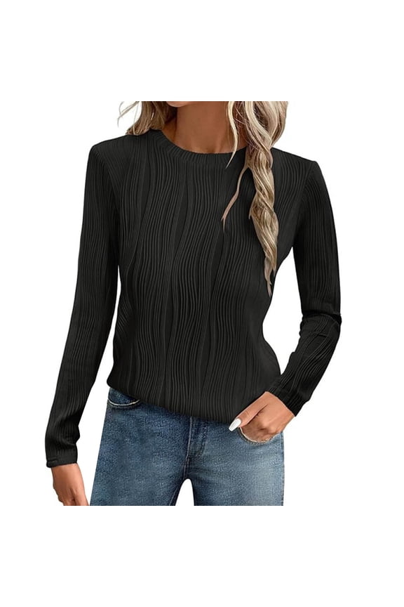 Womens Tops Long Sleeve Textured Shirts Fall Crewneck Causal Trendy Knit Tops Blouses For Women