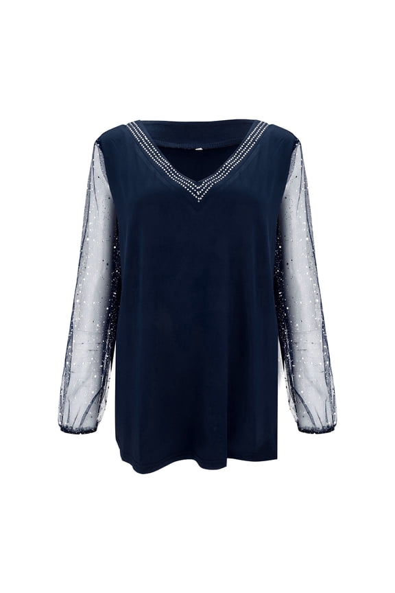 Womens Tops Long Sleeve Tops Casual V Neck Glitter Sheer Mesh Patchwork Top Blouses For Women