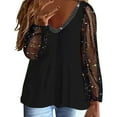 thumbnail image 1 of Womens Tops Long Sleeve Tops Casual V Neck Glitter Sheer Mesh Patchwork Top Long Sleeve Shirts for Women, 1 of 9