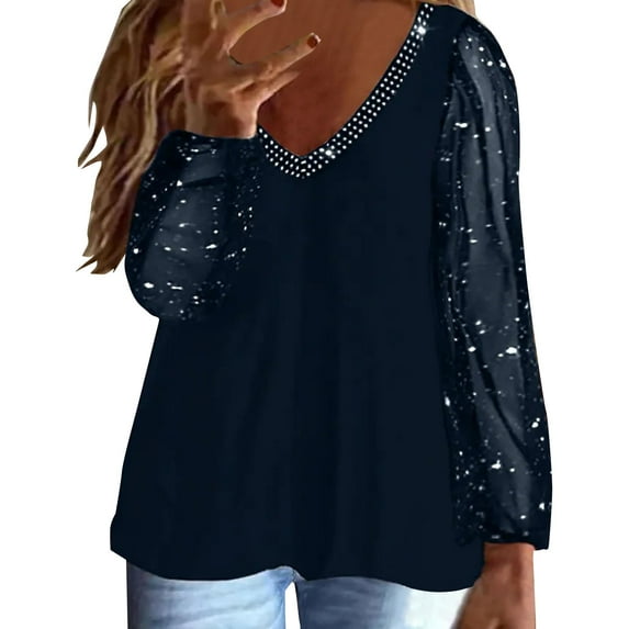 Womens Tops Long Sleeve Tops Casual V Neck Glitter Sheer Mesh Patchwork Top Long Sleeve Shirts for Women