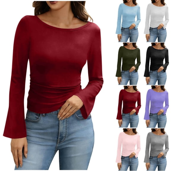 Womens Tops Long Sleeve Tshirts Bell Sleeve Crew Neck Slim Stretchy Ruched Pullover Going Out Tops for Women