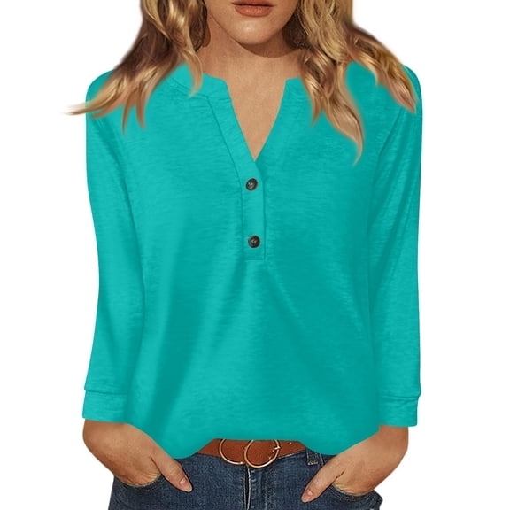 Womens Tops Long Sleeve V Neck Button Down Henley Shirts Business Casual Outfit Basic Tees Summer Top 2026 Turquoise 2XL