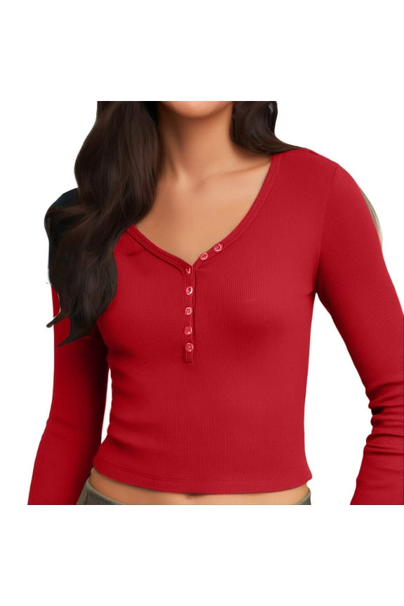Womens Tops Long Sleeve V Neck Button Tight Slim Fitted Going Out Rugby Shirt for Women,Red,XL