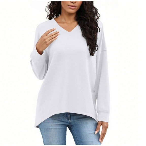 Womens Tops Long Sleeve V Neck Casual Sweatshirt Shirts Fall Pullover Solid Color Tops White,Blouse for Women