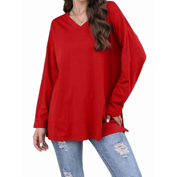 Womens Tops Long Sleeve V Neck Casual Tunic Tops Basic Shirts Loose Fit Blouse Red XXL