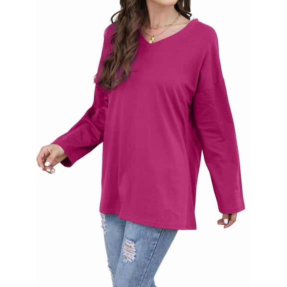 Womens Tops Long Sleeve V Neck Casual Tunic Tops Basic Shirts Loose Fit Blouse Rose Red L