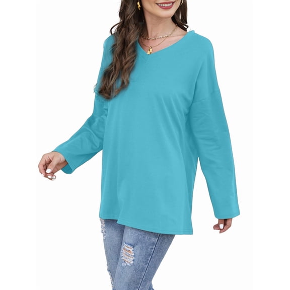 Womens Tops Long Sleeve V Neck Casual Tunic Tops Basic Shirts Loose Fit Blouse Sky Blue M