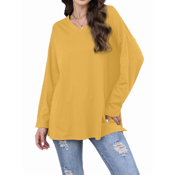 Womens Tops Long Sleeve V Neck Casual Tunic Tops Basic Shirts Loose Fit Blouse Yellow XL