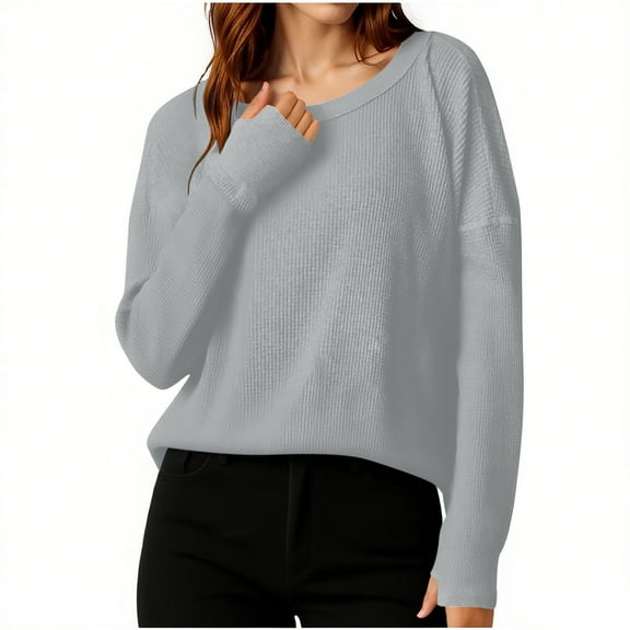 Womens Tops Long Sleeve Waffle Round Neck Knitted Splicing Shirts Casual Summer Trendy Blouses Cute T-Shirts Outfits Clothes Gray M,Blouse for Women