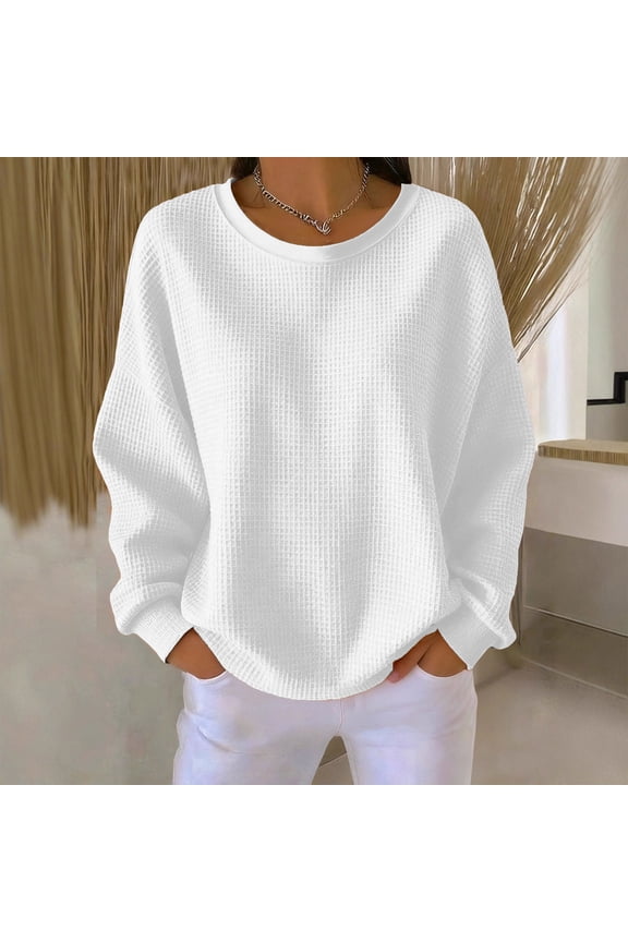 Womens Tops Long Sleeve Waffle Round-Neck Solid Casual T-shirt Blousel Sweatshirts,Tops for Women White S