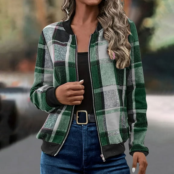 Womens Tops Long Sleeve Zipper Plaid Lightweight Coat Outerwear Round Neck Jacket Green M,Blouse for Women
