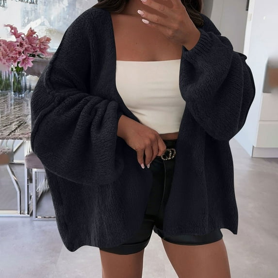 Womens Tops Long Sleeved Cardigan Casual Solid Color Loose Sweater Coat Black M,Blouse for Women