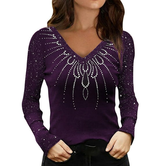 Womens Tops Long Sleeved Fashion Sequin Print Pullover Loose V Neck T Shirt Top Long Sleeve Shirts For Women