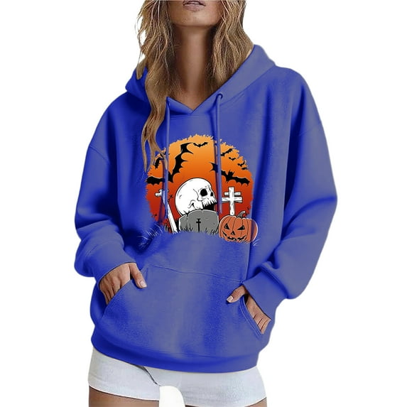 Womens Tops Long Sleeved Hooded Sport Hooded Print Halloween Winter Sweatshirt Dark Blue,Blouse for Women