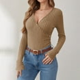 thumbnail image 1 of Womens Tops Long Sleeved V-neck Button Knit Solid Color Sweater Khaki,Blouse for Women, 1 of 6