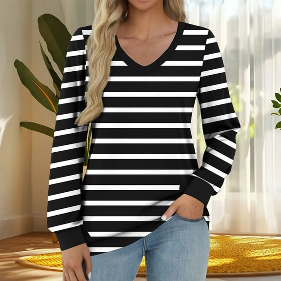 Womens Tops Long Sleeves V-Neck Stripe Printed T-shirt Casual Loose Top Black,Blouse for Women