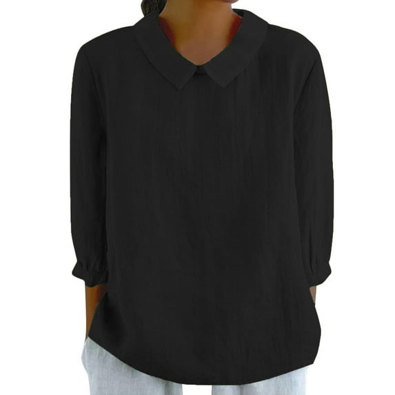 Womens Tops, Loose Blouses Casual Solid Round Neck Long Sleeve Button Down Linen Shirt Lightweight Tops Square For Women Tank Tops With Built In Bra Day Shirt Tops (M, Black) ZMTing