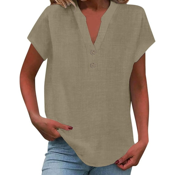 Womens Tops Loose Button Shirt Top Stand Collar Solid Color Sleeve Casual Shirt Soft High Elasticity Cotton And Linen 1Pc T-Shirt M Shirts for Women