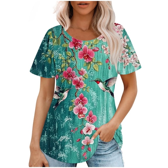 Womens Tops Loose Fit Floral Pleated Tunic Blouse Short Sleeve Crewneck T-Shirts Fashion Summer Tee
