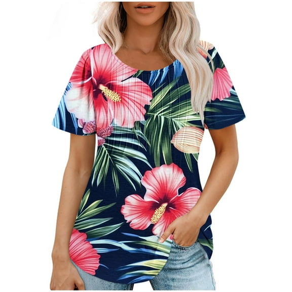 Womens Tops Loose Fit Floral Pleated Tunic Blouse Short Sleeve Crewneck T-Shirts Fashion Summer Tee