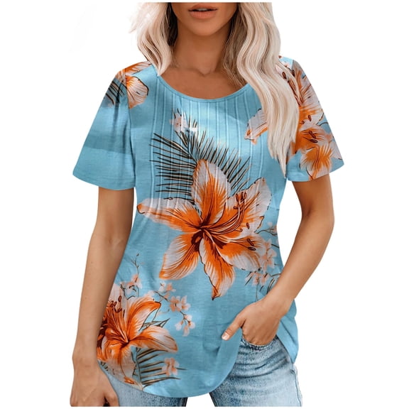 Womens Tops Loose Fit Floral Pleated Tunic Blouse Short Sleeve Crewneck T-Shirts Fashion Summer Tee