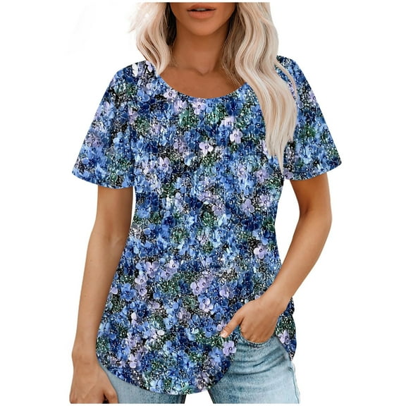 Womens Tops Loose Fit Floral Pleated Tunic Blouse Short Sleeve Crewneck T-Shirts Fashion Summer Tee