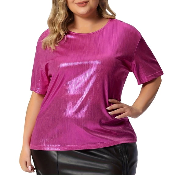 Womens Tops Loose Large Size Round Neck Solid Color Bright Short Sleeve Plus Size Womens Clothing,Hot Pink,XL