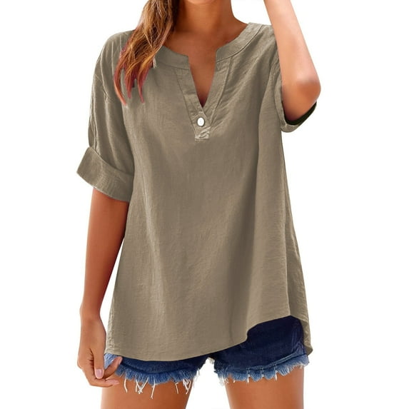 Womens Tops Loose Solid Color Short Sleeve T-Shirt Cotton And Linen V Neck With Side Splits Waist Casual Daily Wear Breathable Soft Fabric M Sweaters For Women
