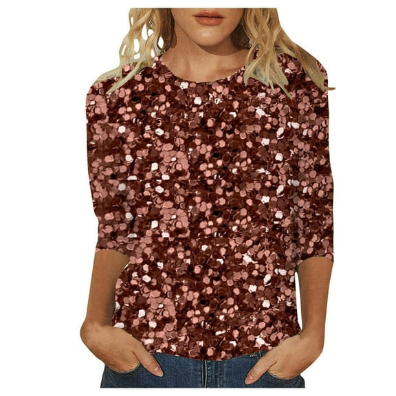 Womens Tops Mardi Gras Carnival Sequin Printed 3/4 Length Sleeve Crew Neck T-Shirts Dressy Casual Party Outfits Trendy Blouses