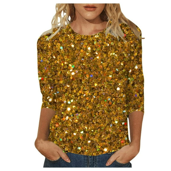 Womens Tops Mardi Gras Carnival Sequin Printed 3/4 Length Sleeve Crew Neck T-Shirts Dressy Casual Party Outfits Trendy Blouses