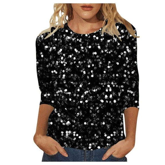 Womens Tops Mardi Gras Carnival Sequin Printed 3/4 Length Sleeve Crew Neck T-Shirts Dressy Casual Party Outfits Trendy Blouses