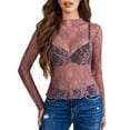 thumbnail image 1 of Womens Tops Mesh Long Sleeve Neck Sheer Blouse See Through Hollowed Floral Lace Purple Tshirts for Women M, 1 of 6