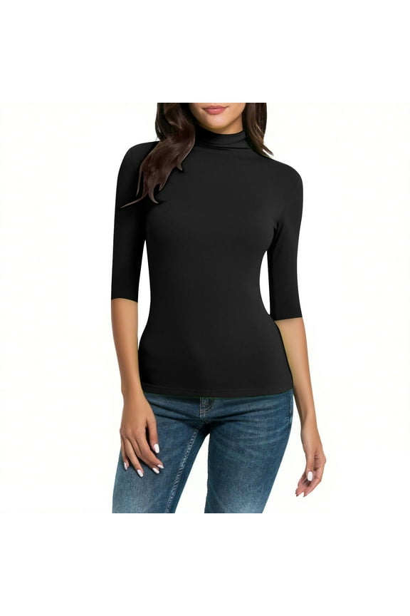 Womens Tops, Mock Neck Half Sleeve Undershirts for Women Mock Turtle Neck Tight Tops Basic Tee Stretch Base Layer T-Shirt Elbow Black M