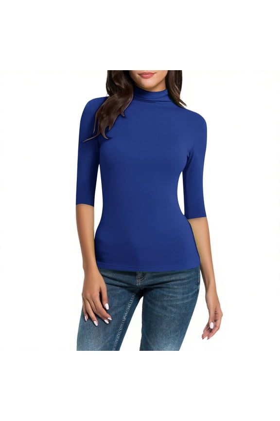 Womens Tops, Mock Neck Half Sleeve Undershirts for Women Mock Turtle Neck Tight Tops Basic Tee Stretch Base Layer T-Shirt Elbow Blue XL
