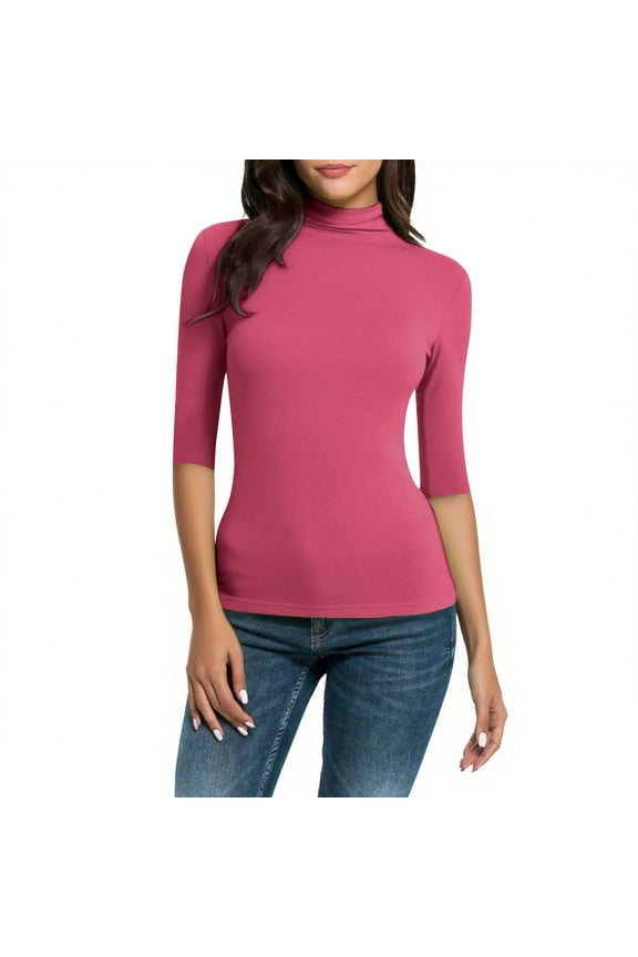 Womens Tops, Mock Neck Half Sleeve Undershirts for Women Mock Turtle Neck Tight Tops Basic Tee Stretch Base Layer T-Shirt Elbow Hot Pink XXL