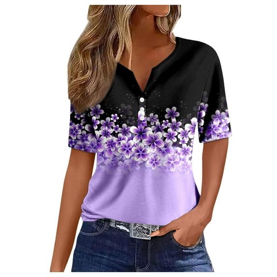 Womens Tops Neck Buttons Sexy Shirts Short Sleeve Dressy Blouses Print Sweatshirts Clothes T Shirts