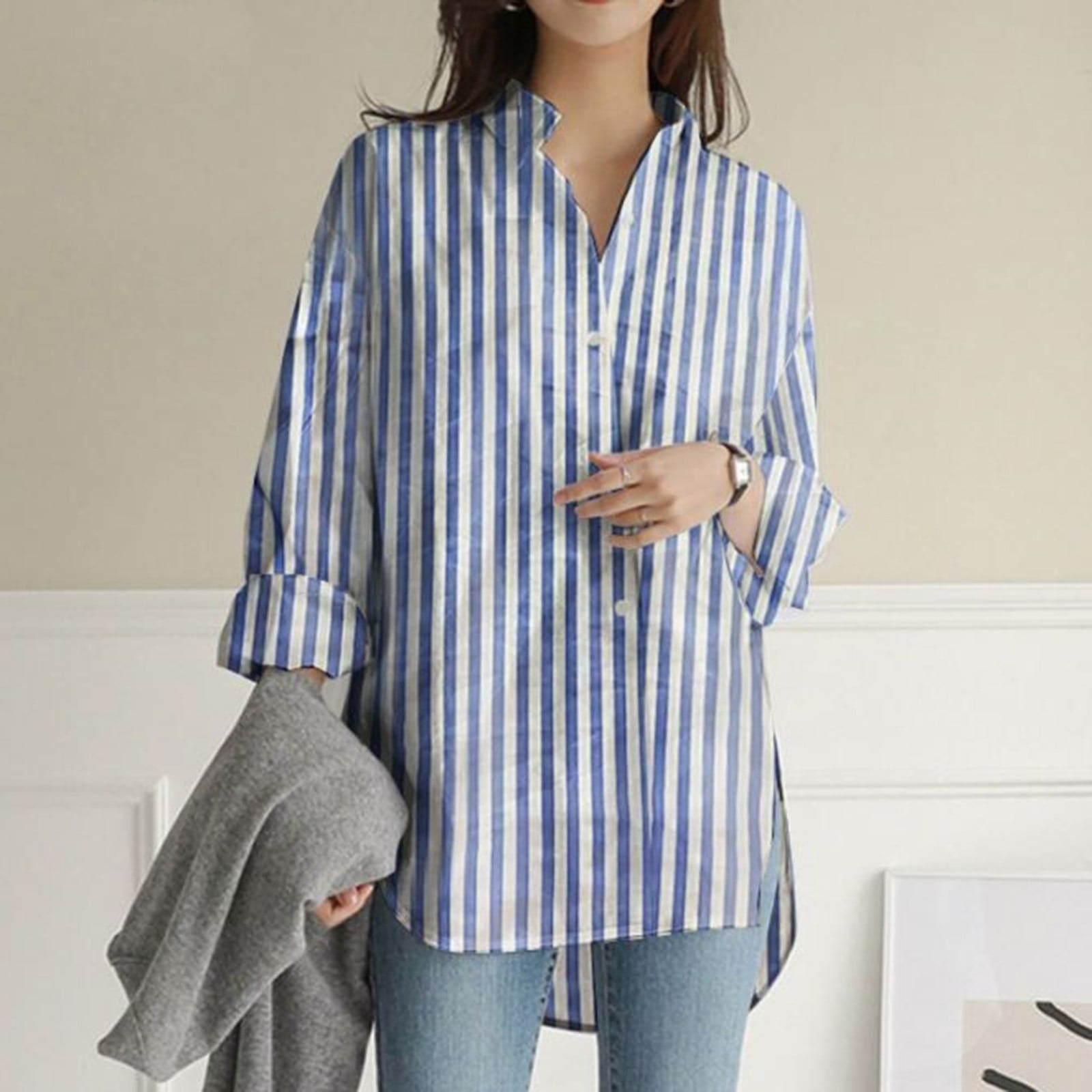 Womens Tops New Shirt Striped Printed Slit Long Sleeve Womens Tops New Shirt Striped Printed Slit Long Sleeve