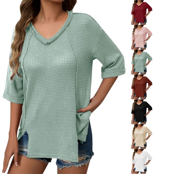 Womens Summer Tops Fashion Solid Color V-neck Five Quarter Sleeve Top T-shirt Summer Blouses Mint Green L