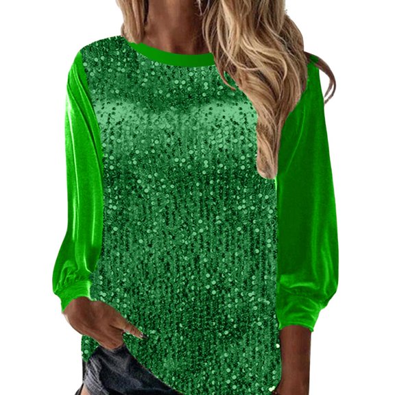 Womens Tops New V Neck Shiny Sequin Elegant Sequin Long Sleeve Loose Version Of Sequin Womens Dressy Casual Shirts,Green,L