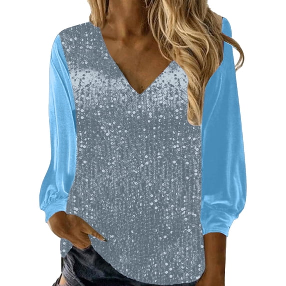 Womens Tops New V Neck Shiny Sequin Elegant Sequin Long Sleeve Loose Version Of Sequin Womens Tee Shirts,Blue,2XL