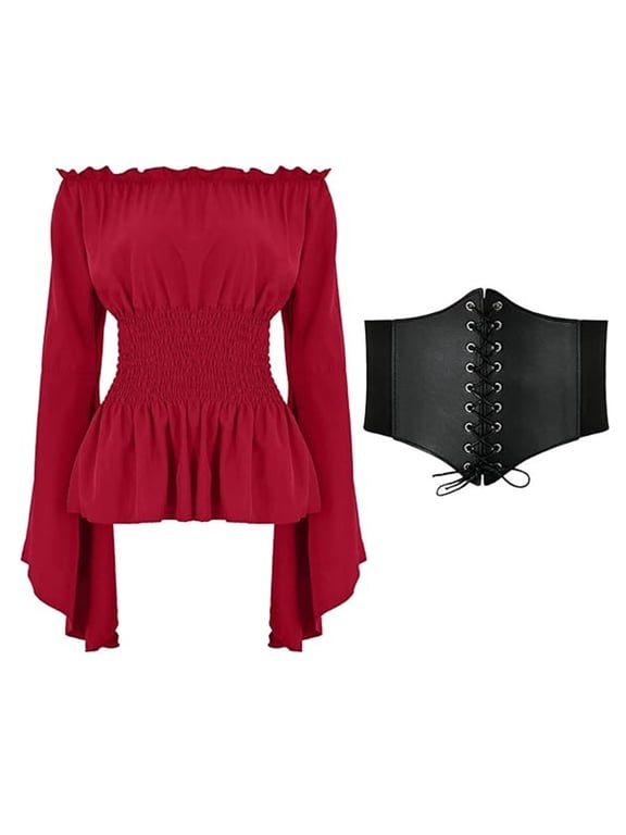Womens Tops Off Shoulder Blouse for Women Medieval Renaissance Costume Fairy Grooy Comfort Long Sleeve Shirt Red M