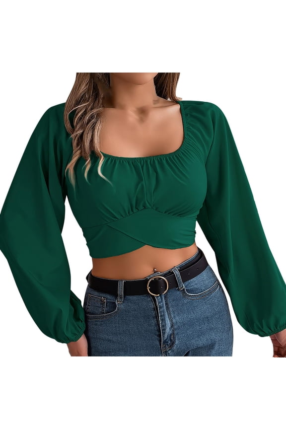 Womens Tops Off Shoulder Ruched Tie Back Crop Top Fall Fashion Lantern Long Sleeve Boho Cute Tops Solid Blouse