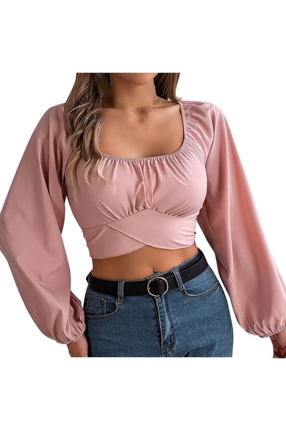 Womens Tops Off Shoulder Ruched Tie Back Crop Top Fall Fashion Lantern Long Sleeve Boho Cute Tops Solid Blouse