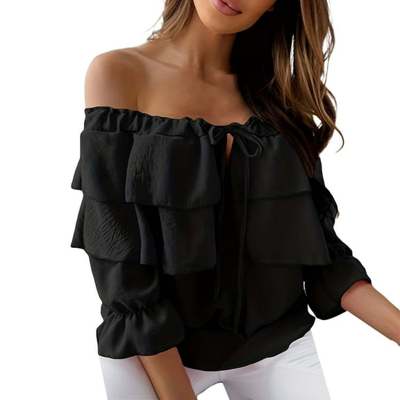 Womens Tops Off Shoulder Ruffle Long Sleeve Casual Layered Trendy Tops