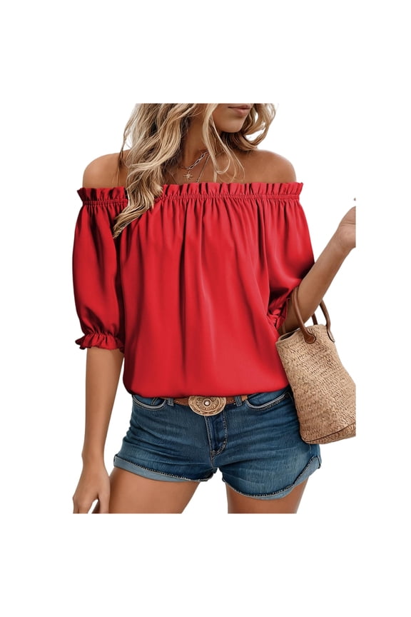 Womens Tops Off The Shoulder Blouses for Women Dressy Casual Cute Puff Short Sleeve T Shirts Fashion 2026, M