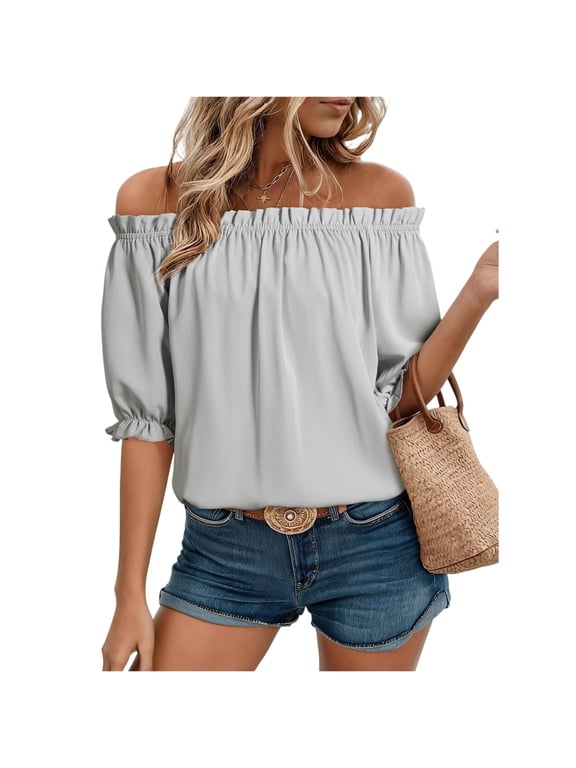 Womens Tops Off The Shoulder Blouses for Women Dressy Casual Cute Puff Short Sleeve T Shirts Fashion 2026, XL